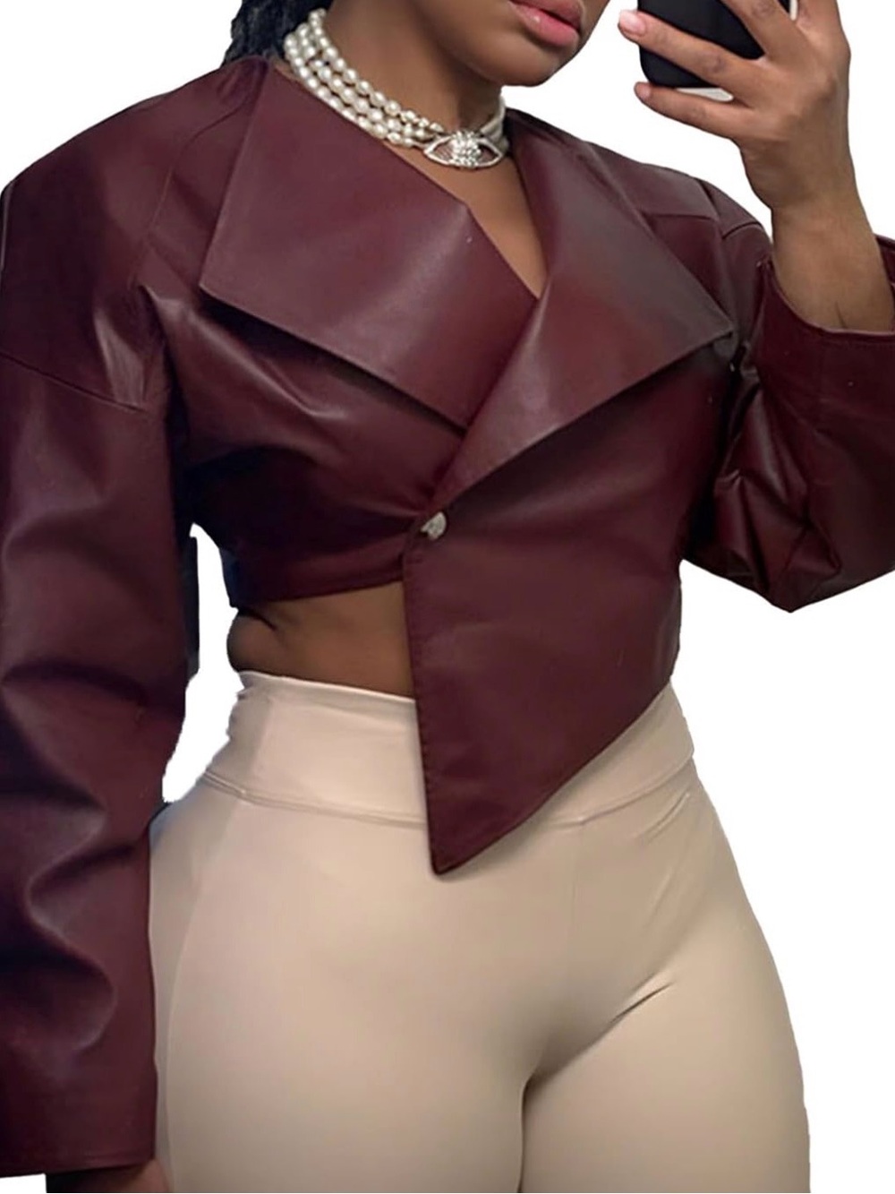 Women's Cropped Faux Leather Jacket - Burgundy